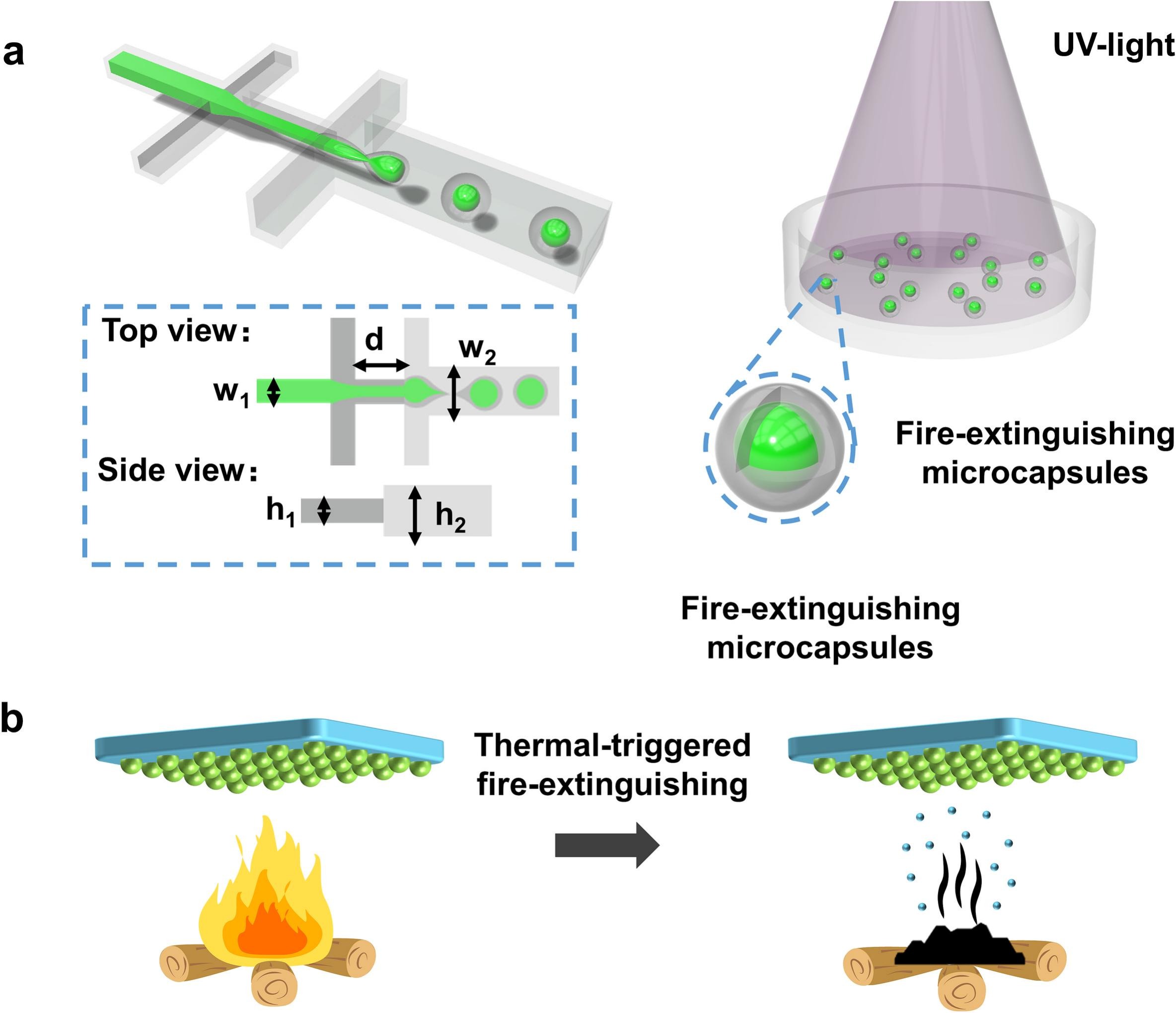 The complete sequence of microfluidic generation → thermally triggered explosion → fire extinguishment (originally Fig. 1)